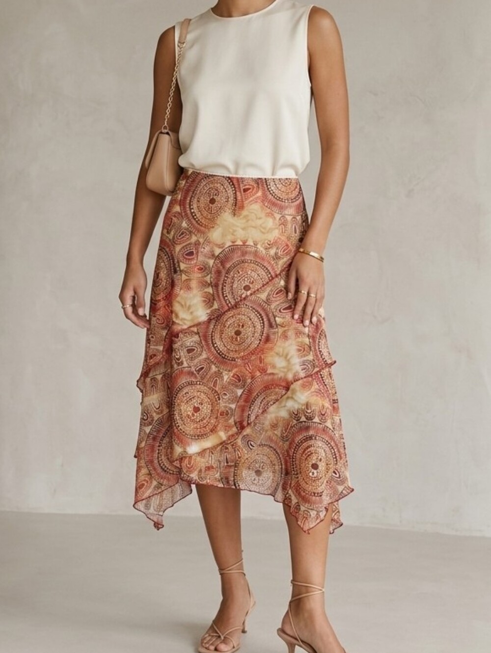 VTG 70s Bohemian Mandala Print Asymmetrical Midi Skirt Stretch M L